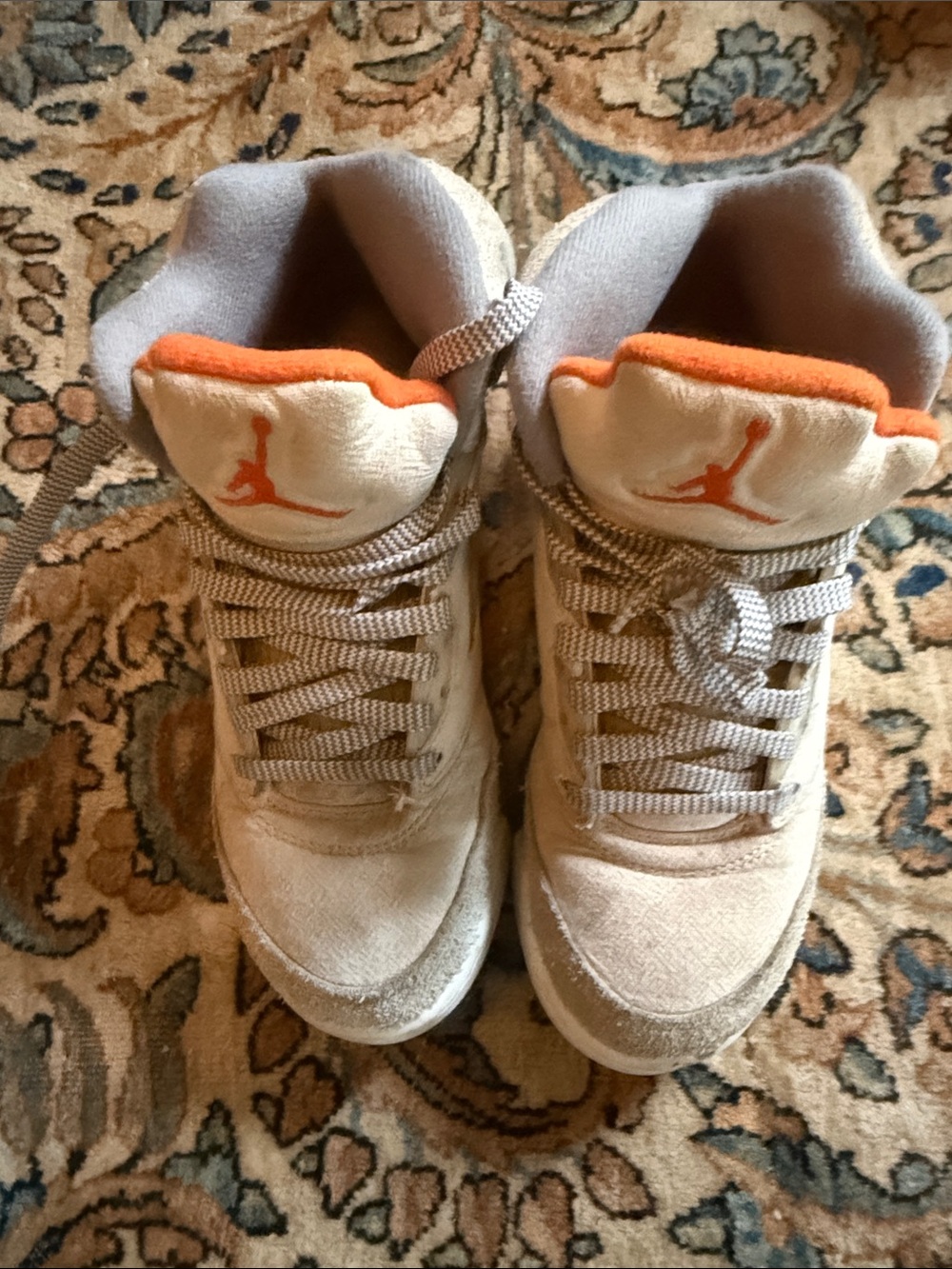 Jordan Kids' High-Top Sneakers in Beige with Orange Jumpman US 5.5